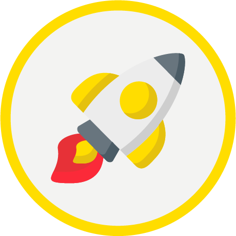 Icono de un cohete sobre fondo blanco y margen amarillo